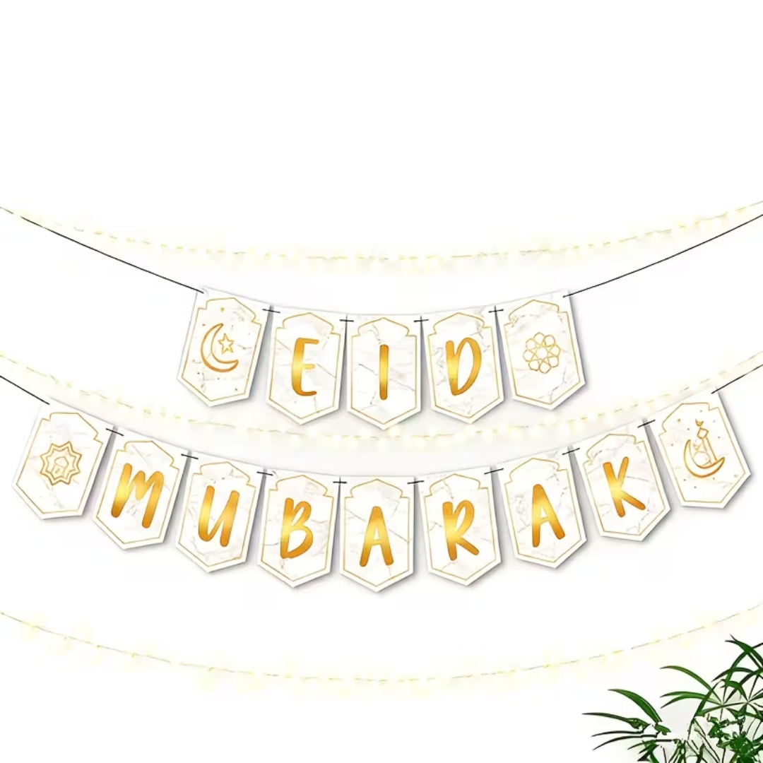White and Gold EID MUBARAK Hanging paper Banner