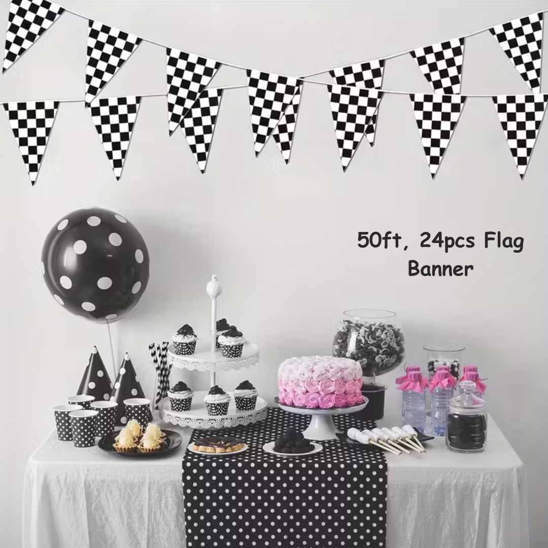50Foot, 24 Checkered Black and White Racing Theme Flag Banner