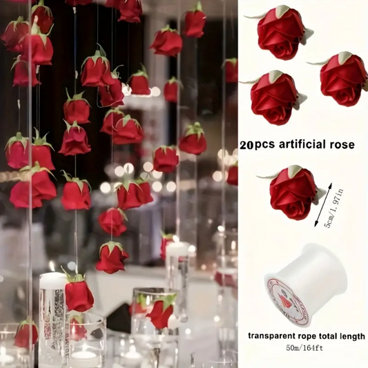 21pcs DIY Set, 20 Artificial Red Rose and 1 Roll of Transparent String