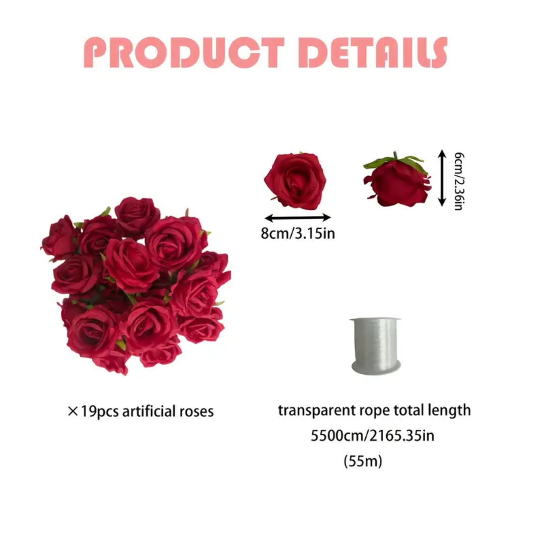 20pcs DIY set 19pcs Artificial Red rose flower and 1 Roll of Transparent String