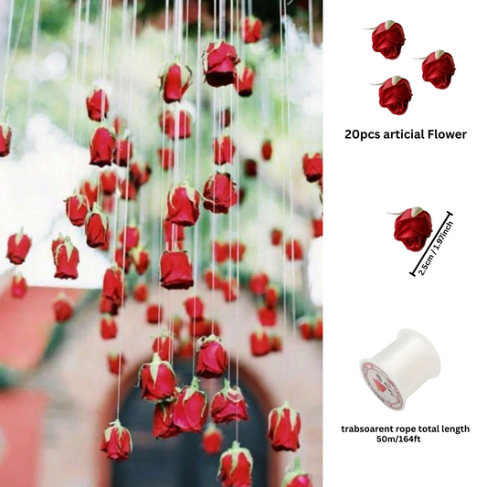 21pcs DIY Set, 20 Artificial Red Rose and 1 Roll of Transparent String
