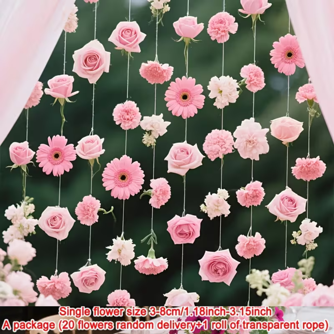 21pcs DIY Set, 20pcs Pink Artificial Flowers and 1 Roll of Transparent String