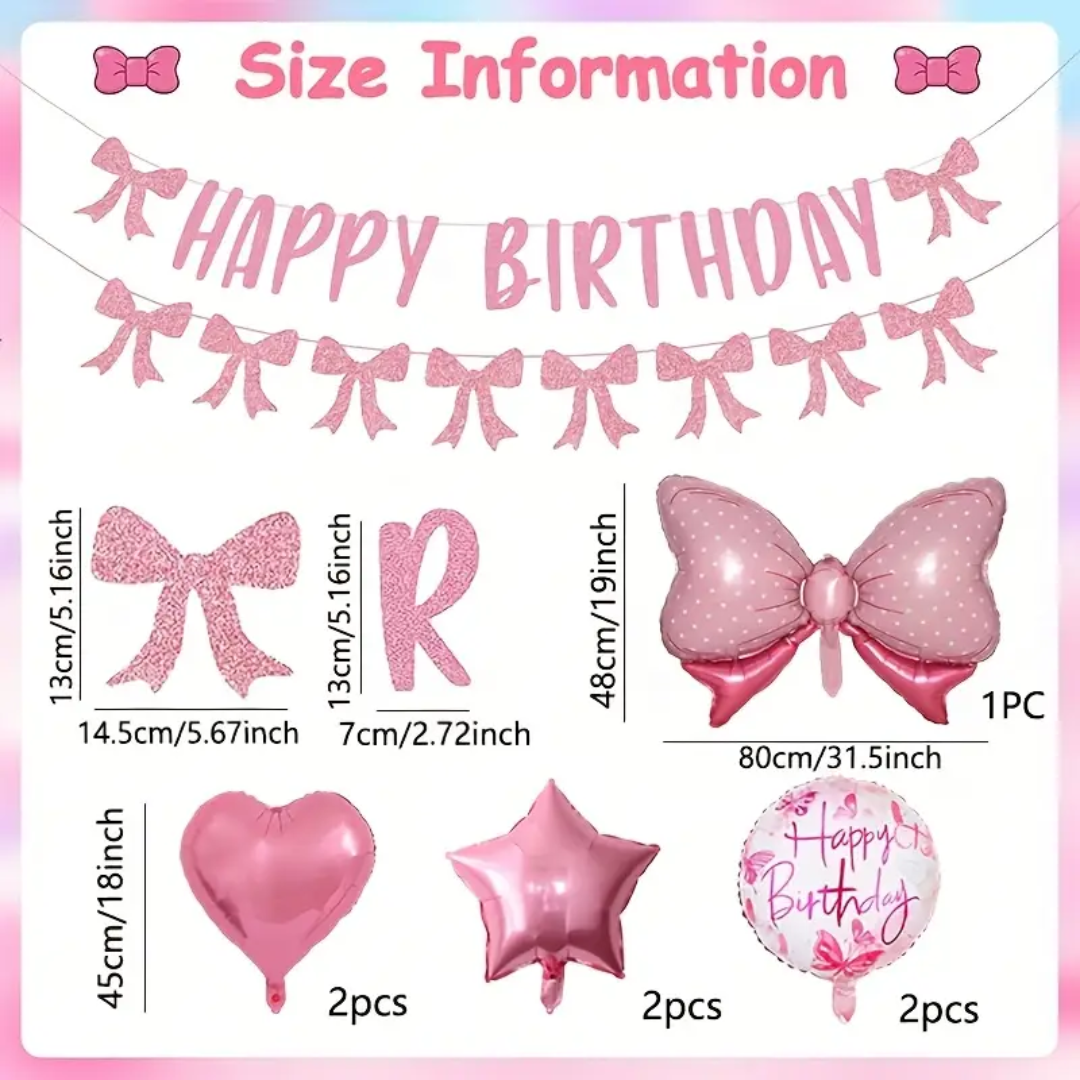 Pink Bow Themed Happy Birthday Party Banner and Decorations