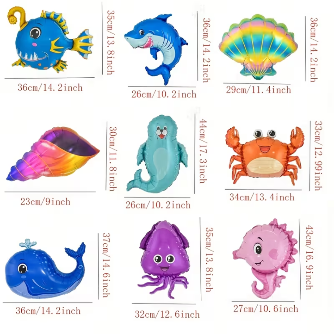 9pcs Ocean Underwater Themed Foil Balloons Seahorses, Crabs, Shells, Whales, Octopuses, And Sea Lions
