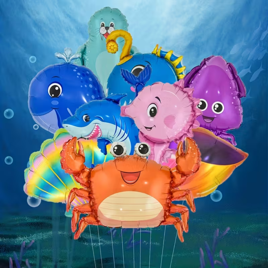 9pcs Ocean Underwater Themed Foil Balloons Seahorses, Crabs, Shells, Whales, Octopuses, And Sea Lions