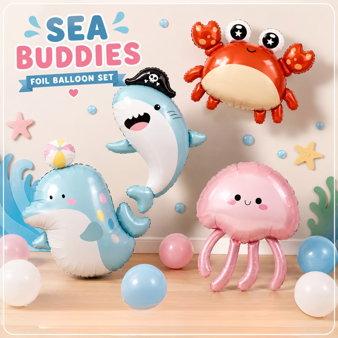 4pcs Sea Buddies Shark, Dolphin, Jellyfish and Crab Foil Balloon Set