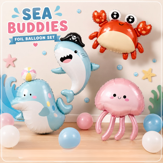4pcs Sea Buddies Shark, Dolphin, Jellyfish and Crab Foil Balloon Set