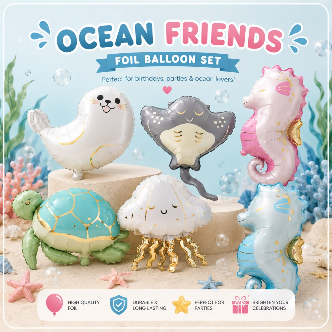 6pcs Ocean Friends Ray, Jellyfish, Sea Turtle, Seahorse Foil Balloons