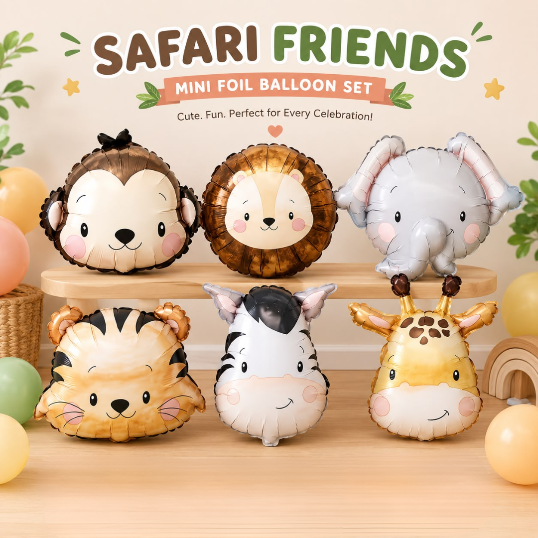 6pcs Safari Friends Retro Jungle Animals Head Mini Foil Balloon Lion Tiger Giraffe