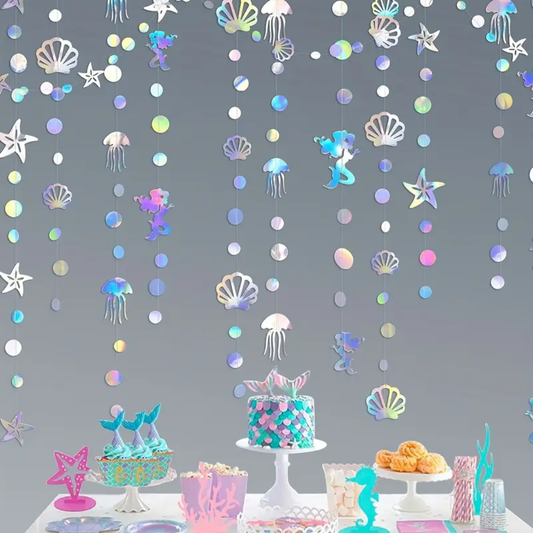 4pcs Iridescent Mermaid Garland with Jellyfish, Seashell, Starfish & Pearl Ocean Theme Garland Hanging Banner