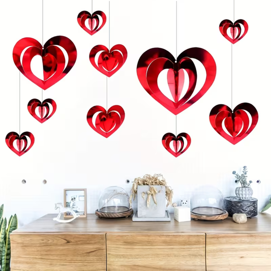 16pcs Red Heart-Shaped 3D Hanging Swirl Decorations