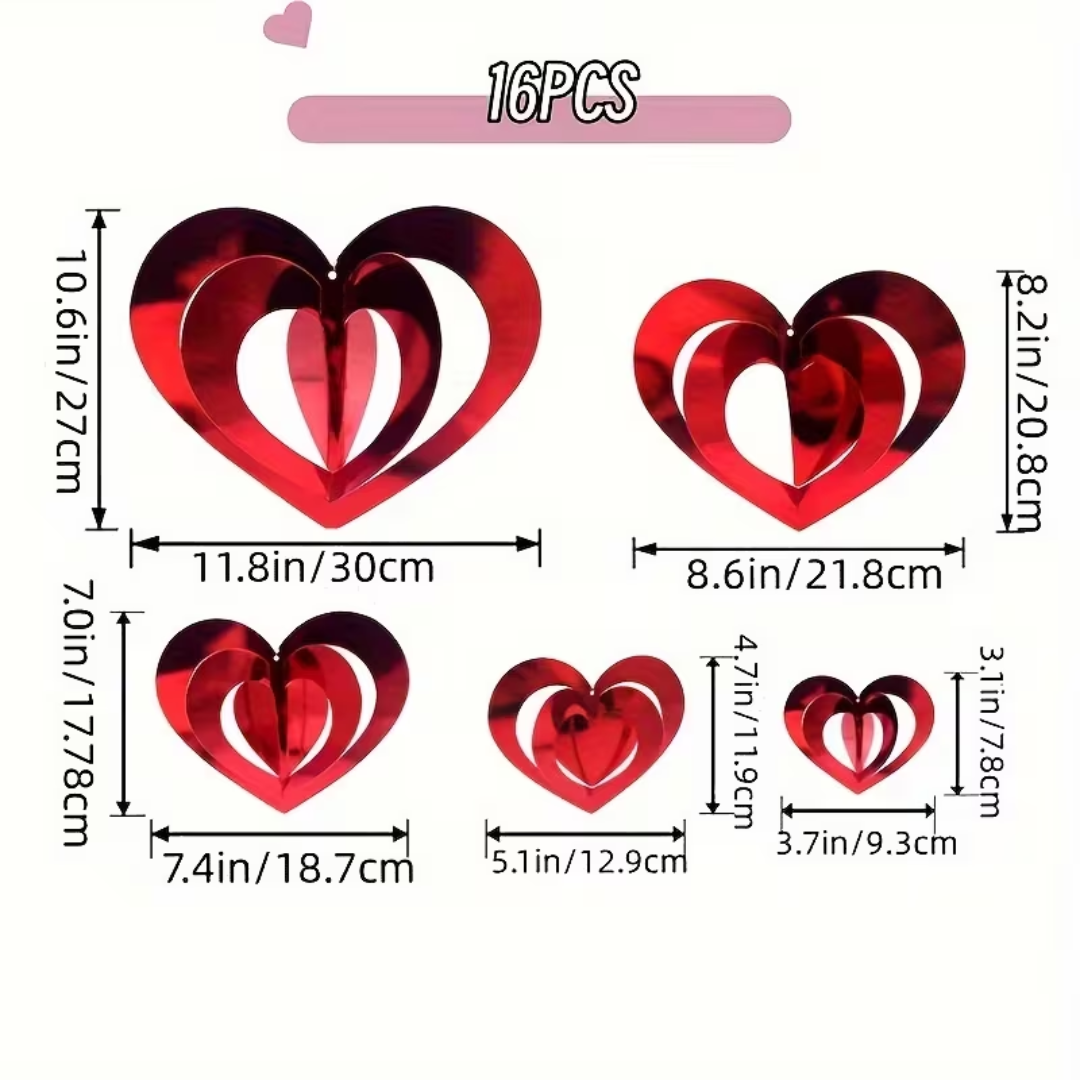 16pcs Red Heart-Shaped 3D Hanging Swirl Decorations