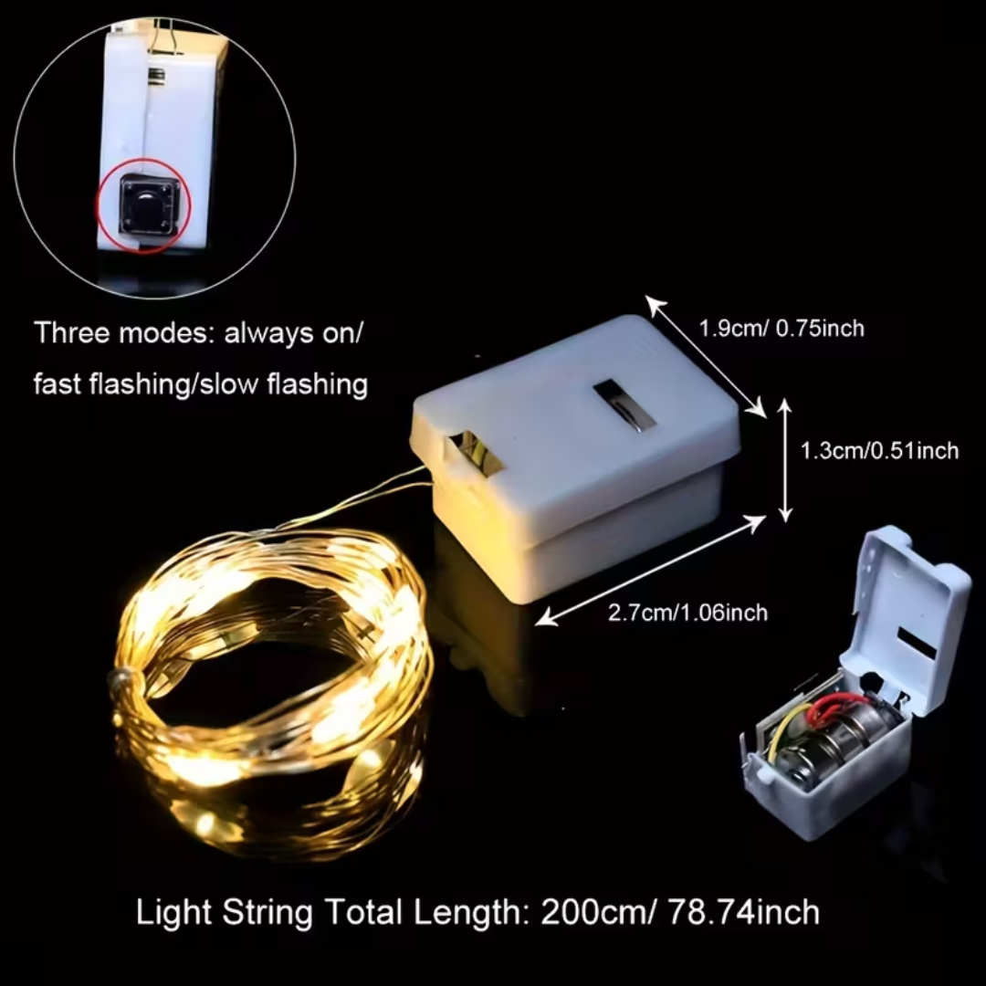 2m, 200 Led String Green Fairy Lights Button Battery Powered