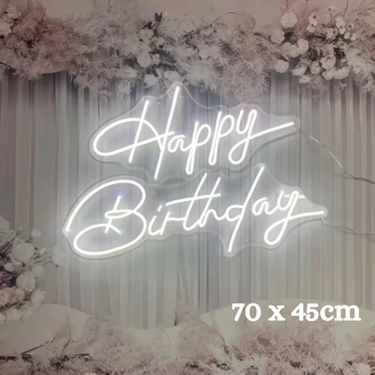 "Happy Birthday" White Neon Led Sign - 70 x 45cm cm for Rent