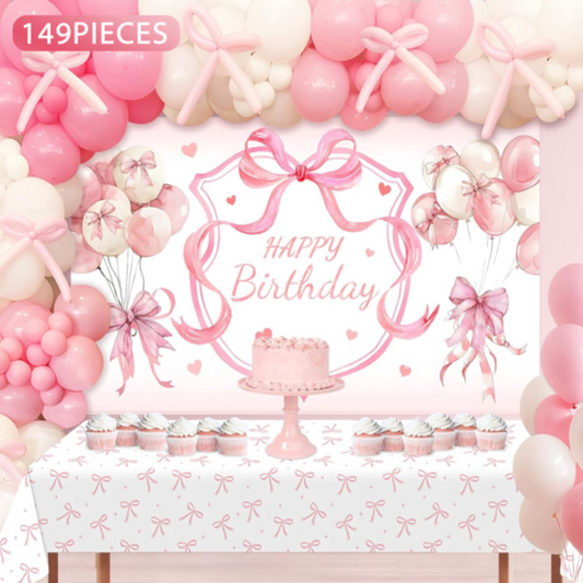 149pcs Pink Bow Balloon Kit with Backdrop and Table Cover