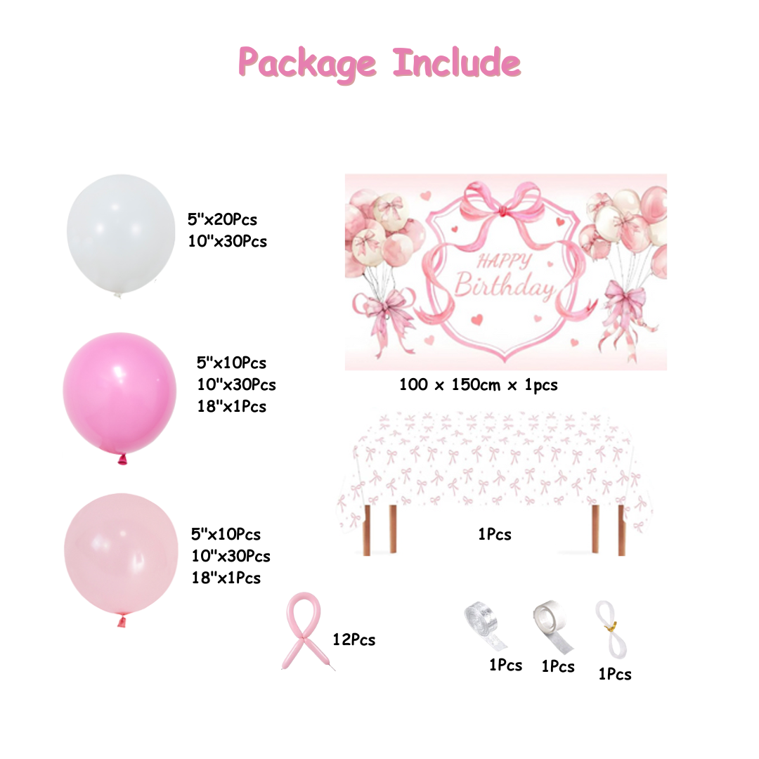 149pcs Pink Bow Balloon Kit with Backdrop and Table Cover