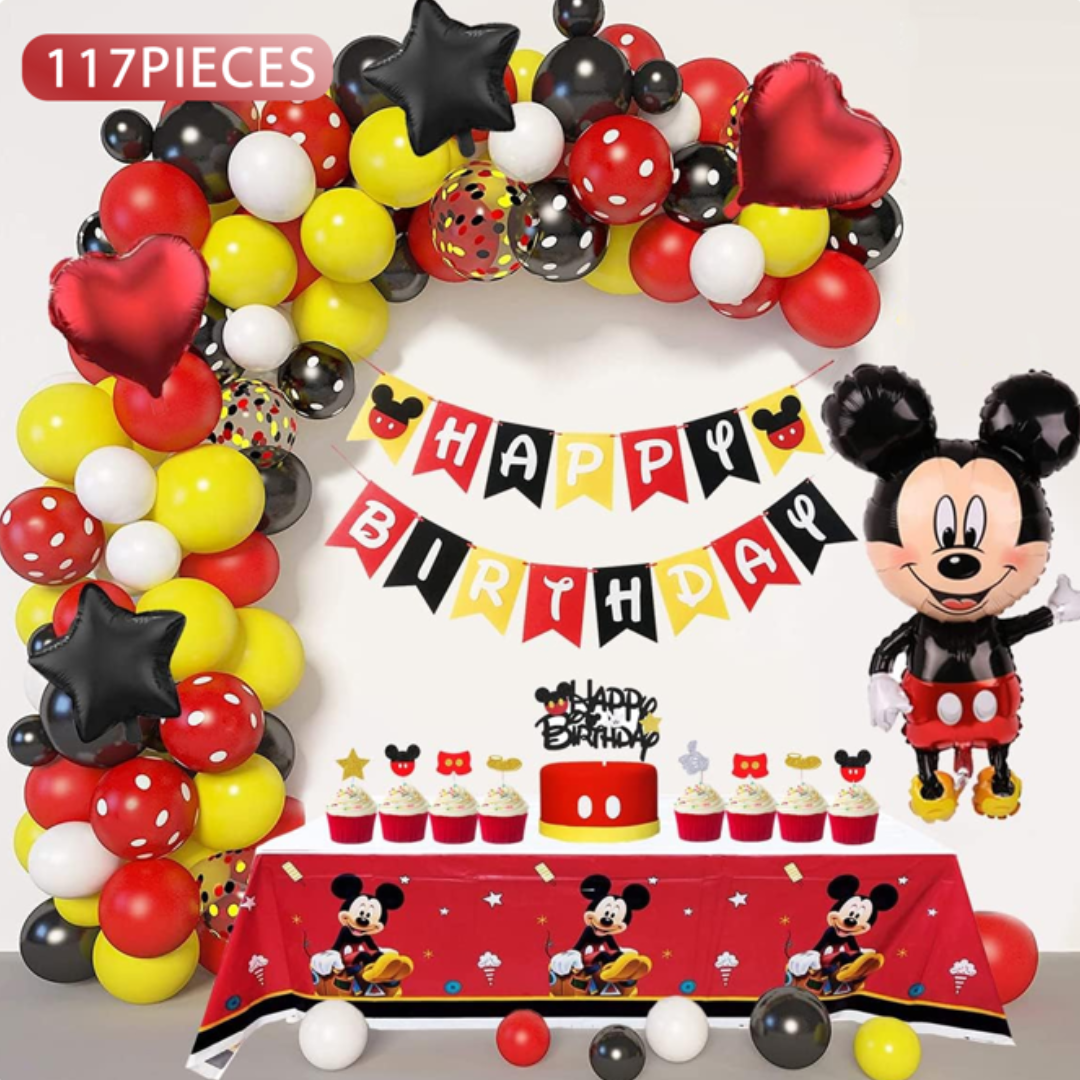 117pcs Black Yellow Mickey Mouse Balloon Decorations Kit with Banner and Table Cover
