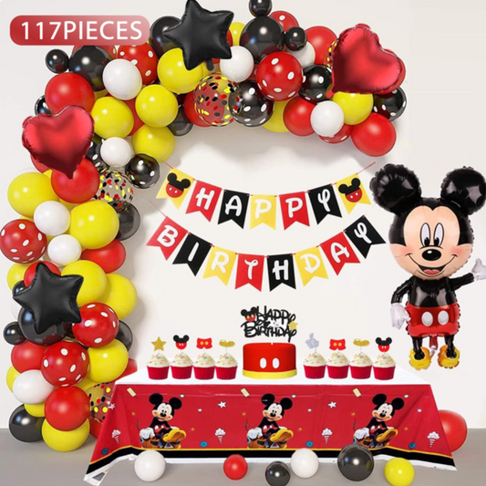 117pcs Black Yellow Mickey Mouse Balloon Decorations Kit with Banner and Table Cover