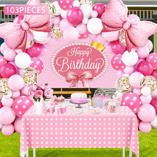103pcs Pink Bow Balloon Kit with Backdrop and Table Cover