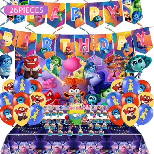 26pcs Inside Out Birthday Balloon Decorations with Backdrop and Table Cover