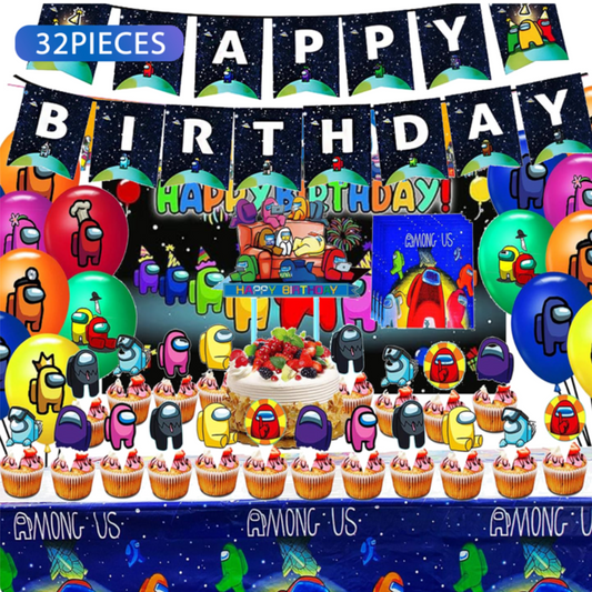 32pcs Among Us Birthday Balloon Decoration with Backdrop and Table Cover