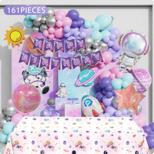 161pcs Girl Pink Purple Outerspace Balloon Decorations with Banner and Table Cover