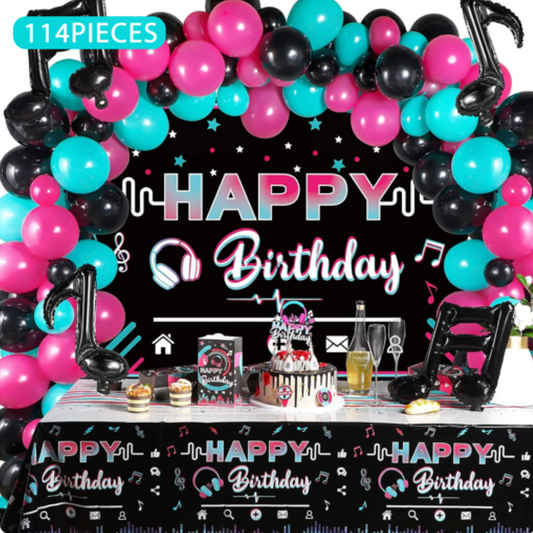 114pcs Music Tik Tok Rock ON Balloon Decorations with Backdrop and Table Cover
