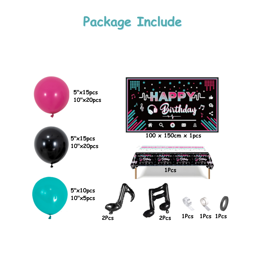 114pcs Music Tik Tok Rock ON Balloon Decorations with Backdrop and Table Cover