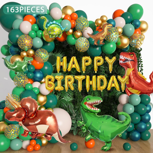 163pcs Green Orange Dinosaur Balloon Decoration Kit