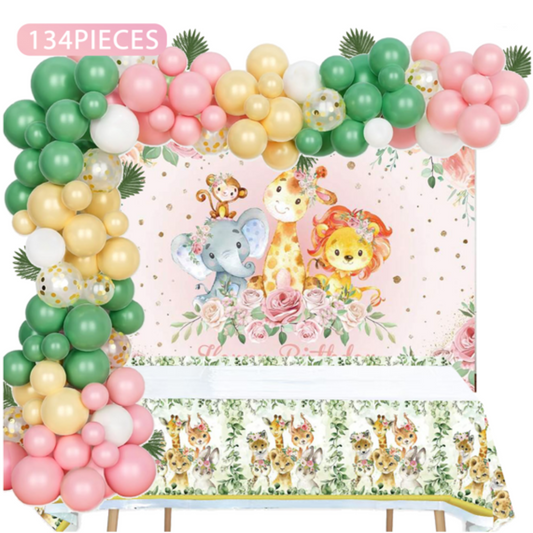 134pcs Pink Safari Animal Birthday Balloon Decoration with Backdrop and Table Cover