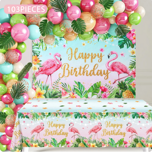 103pcs Hawaiin Flamingo Birthday Decorations with Backdrop and Table Cover