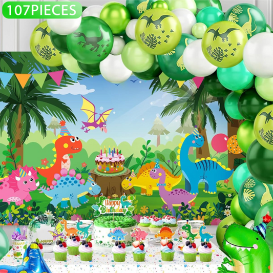 107pcs Green Dinosaur Birthday Decorations with Balloon Sets, Backdrops, Table Cover and Cake Toppers