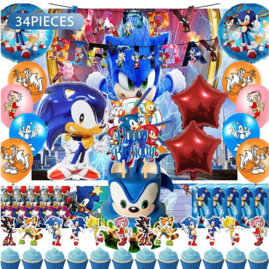 34pcs Blue Sonic Birthday Party Decorations with Backdrop