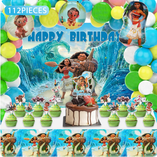 112pcs Moana Birthday Decorations Kit with Backdrop and Table Cover