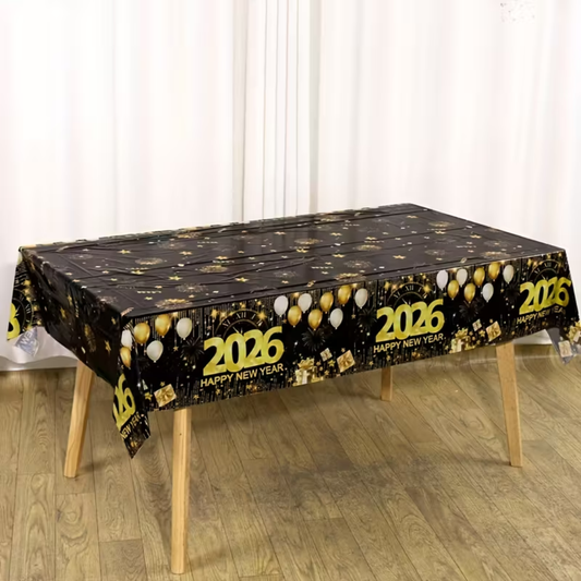Black Golden Happy New Year 2026 Table Cover