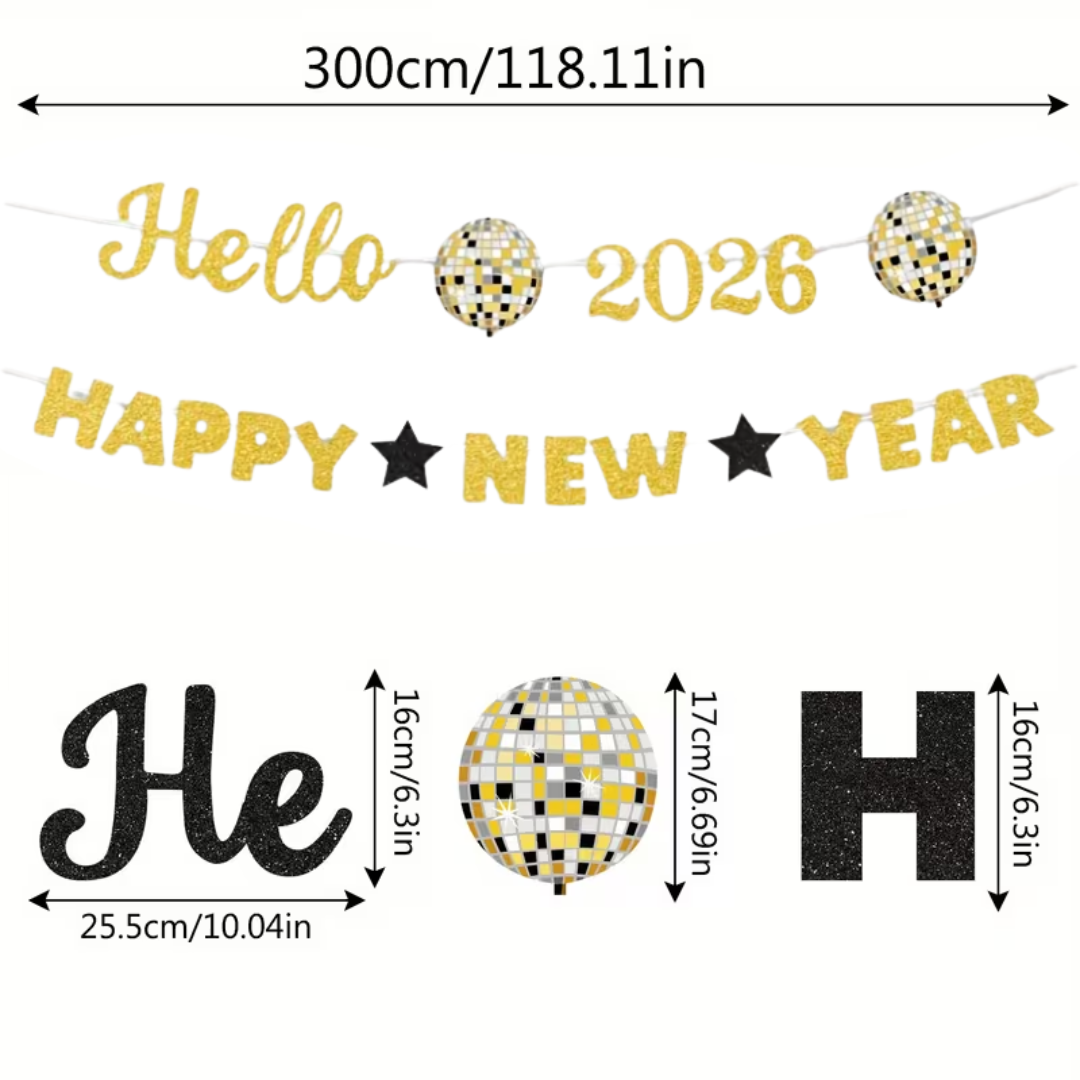 2pcs Glitter Gold Hello 2026 Happy New Year Paper Banner