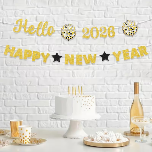2pcs Glitter Gold Hello 2026 Happy New Year Paper Banner