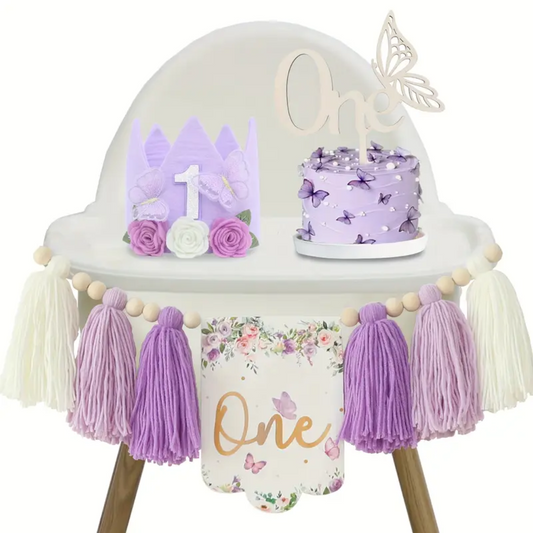 3pcs one Purple Butterfly Birthday Banner, Hat and Cake Topper