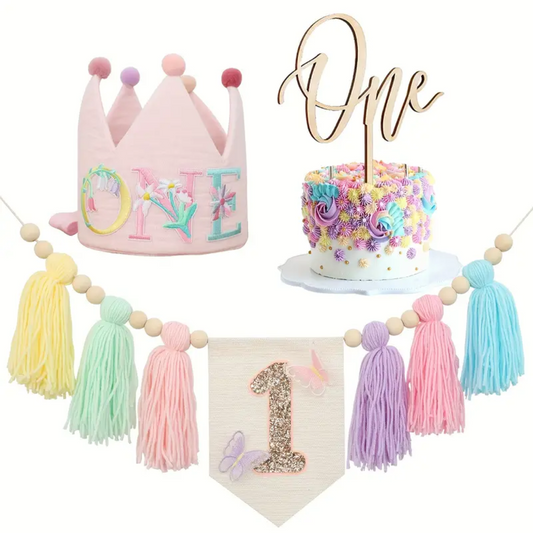 3pcs One Butterfly Birthday Banner, Hat and Cake Topper