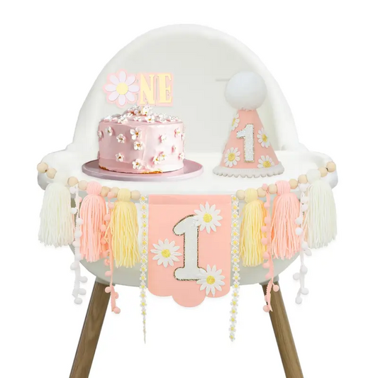 3pcs one Daisy Flowers Birthday Banner, Hat and Cake topper