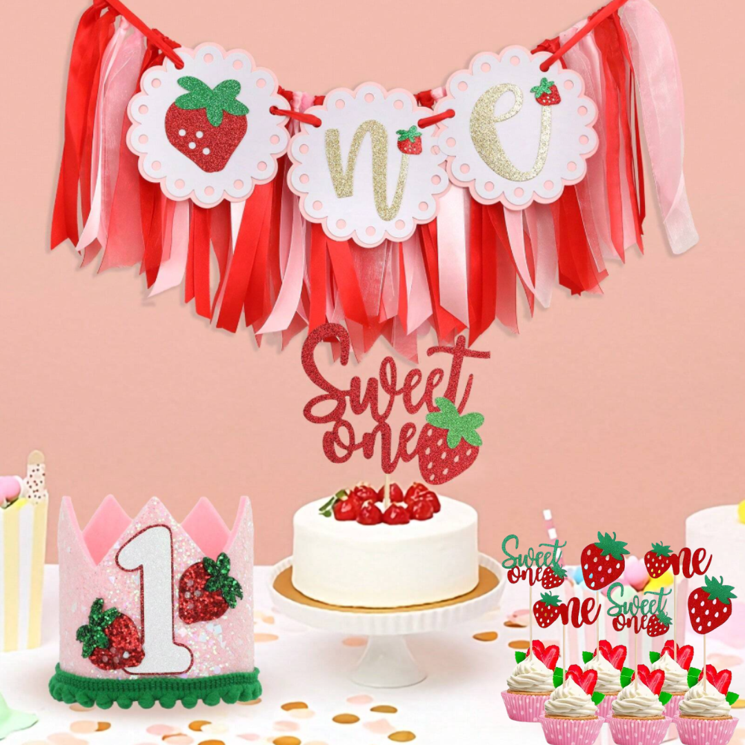 4pcs Strawberry Birthday Banner, Hat and Cake Topper