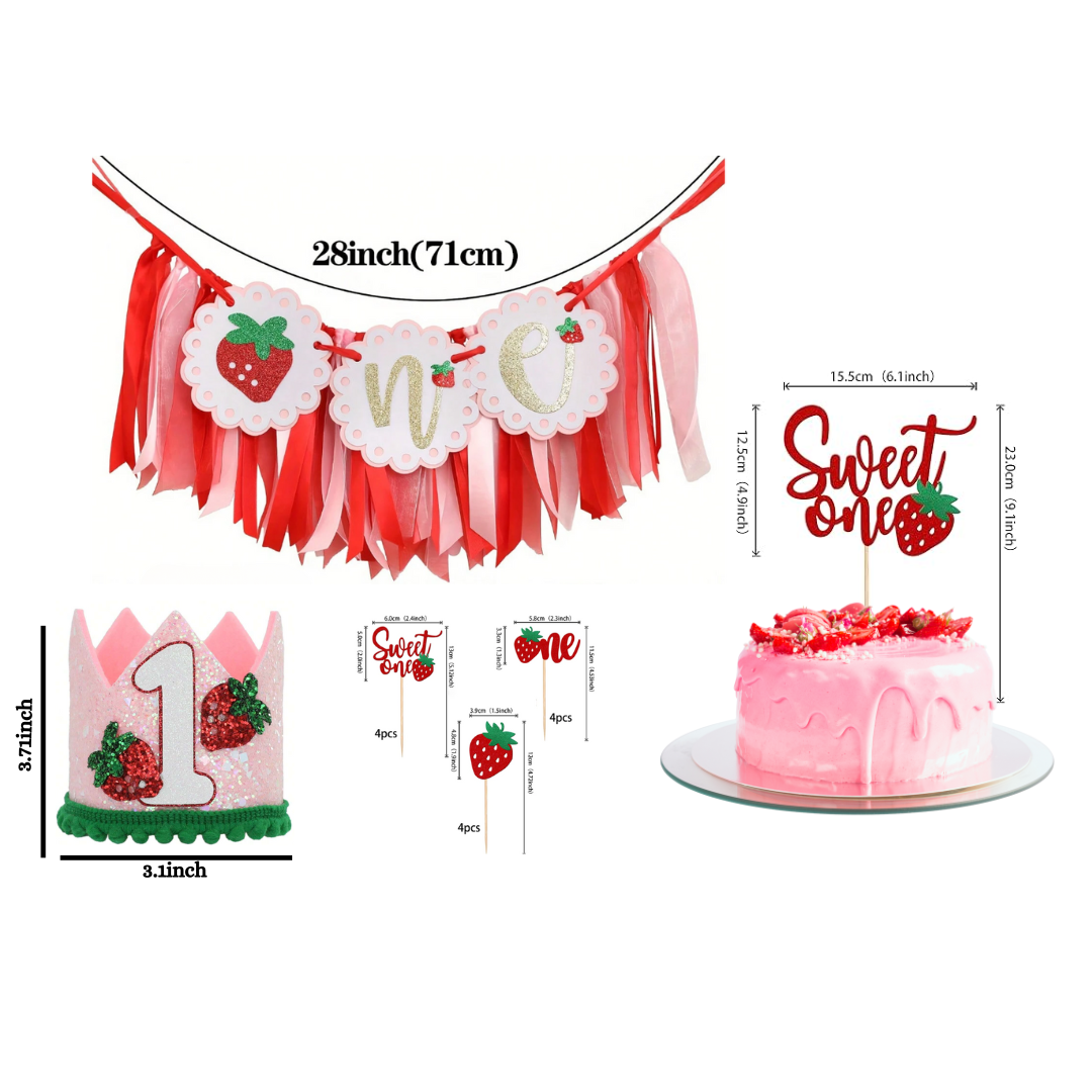 4pcs Strawberry Birthday Banner, Hat and Cake Topper