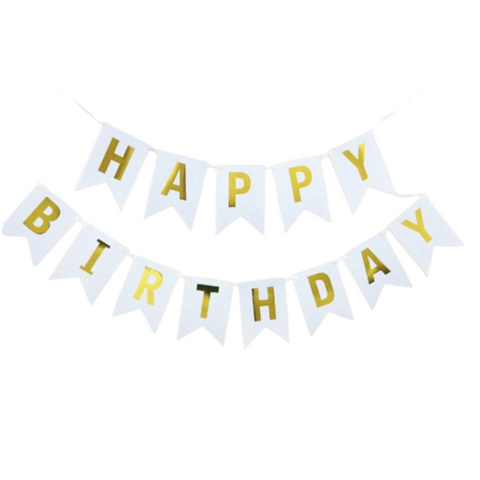 White and Gold Happy Birthday Paper Banner