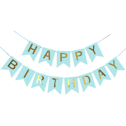 Light Blue and Gold Happy Birthday Banner