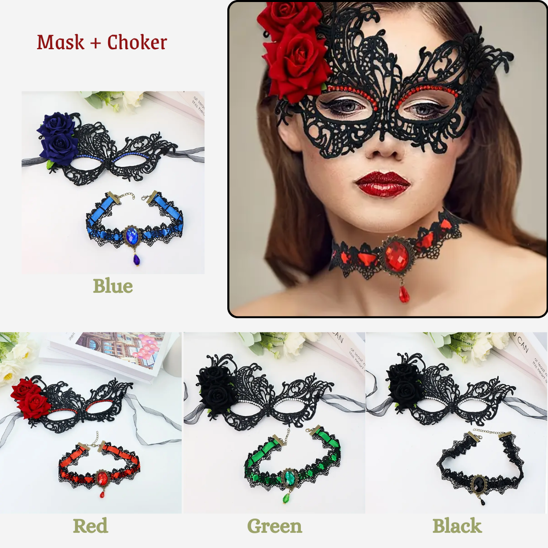 2pcs Rose Lace Party Mask with Choker Necklace