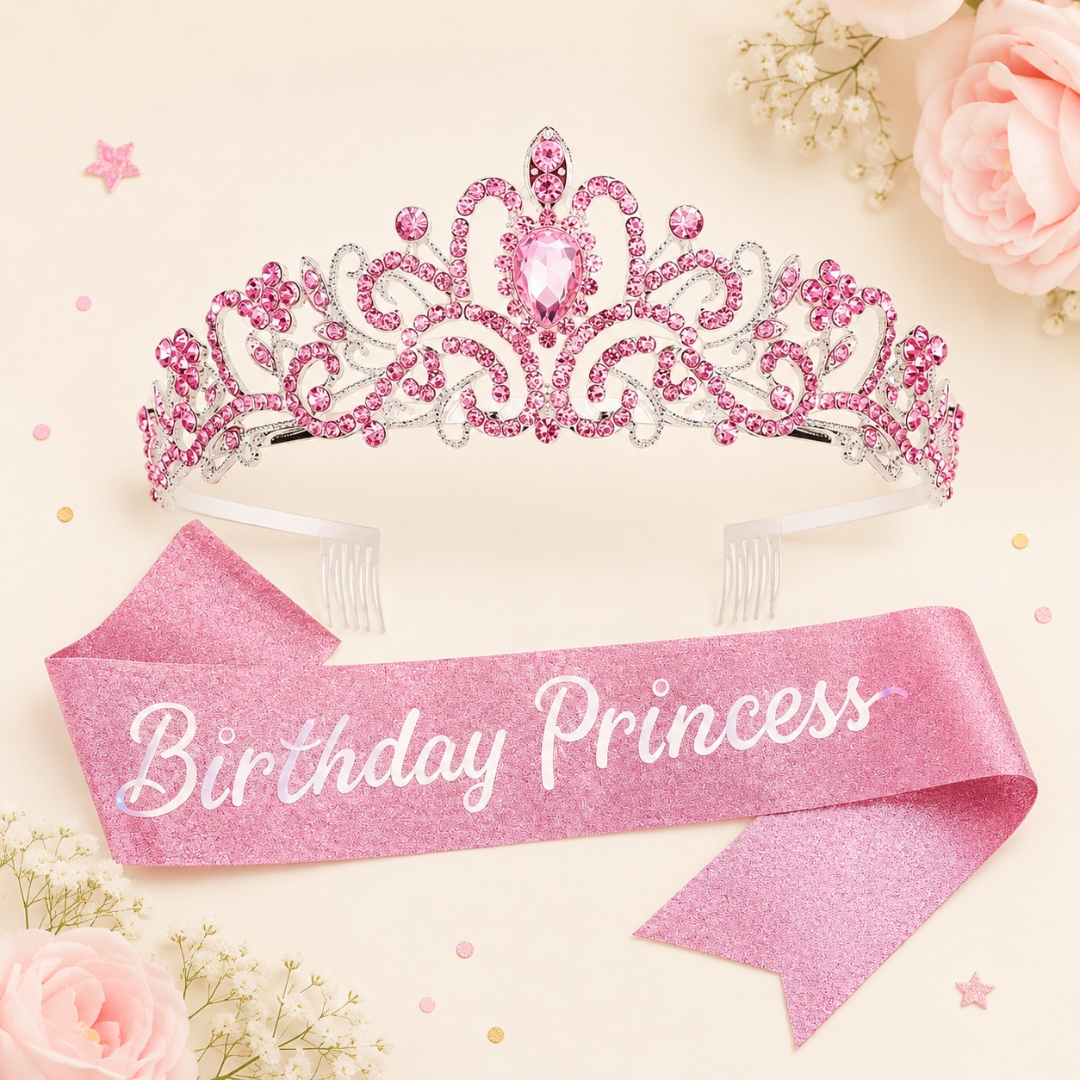 Pink Birthday Princess Sash and Crown Set