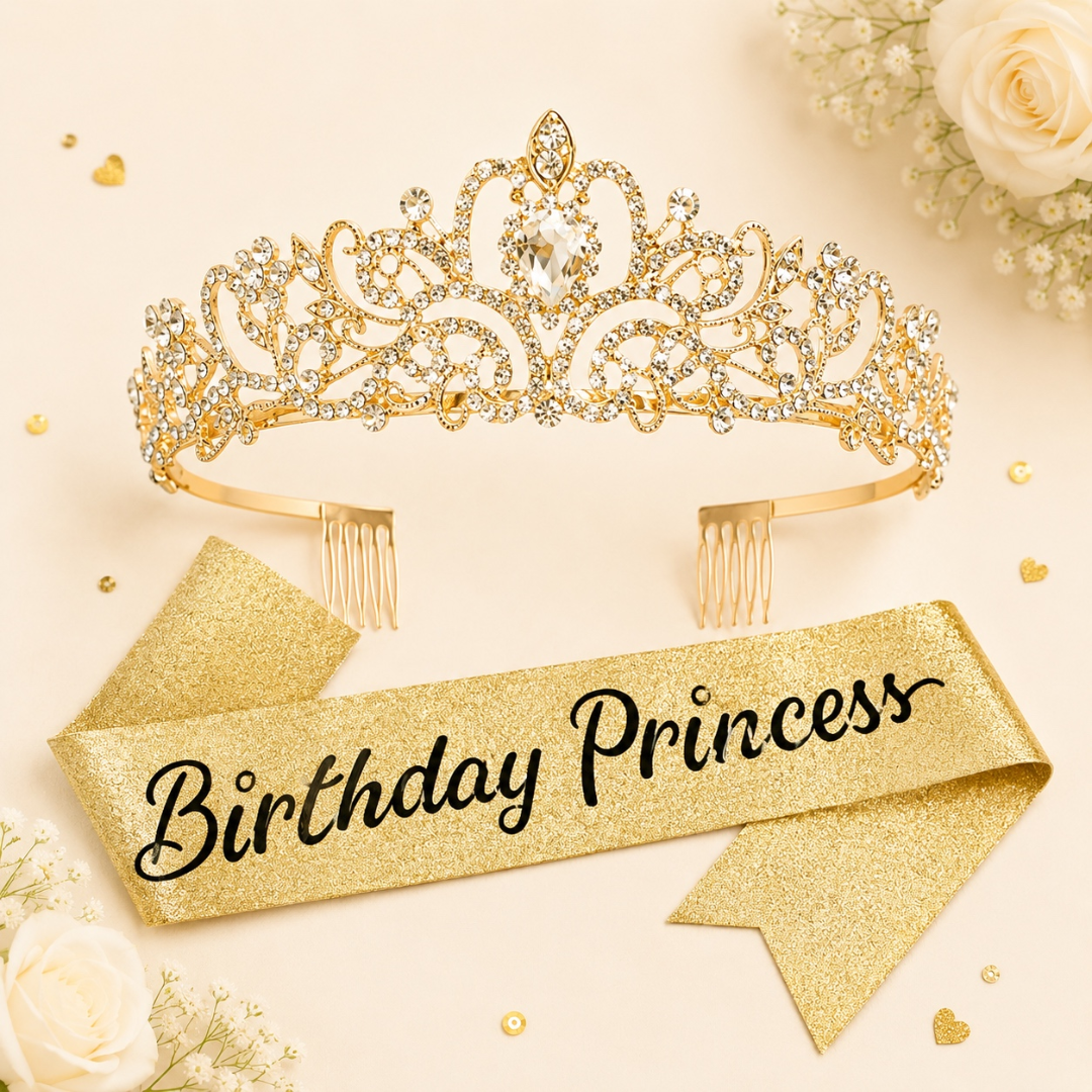 Gold Birthday Princess Sash and Crown Set