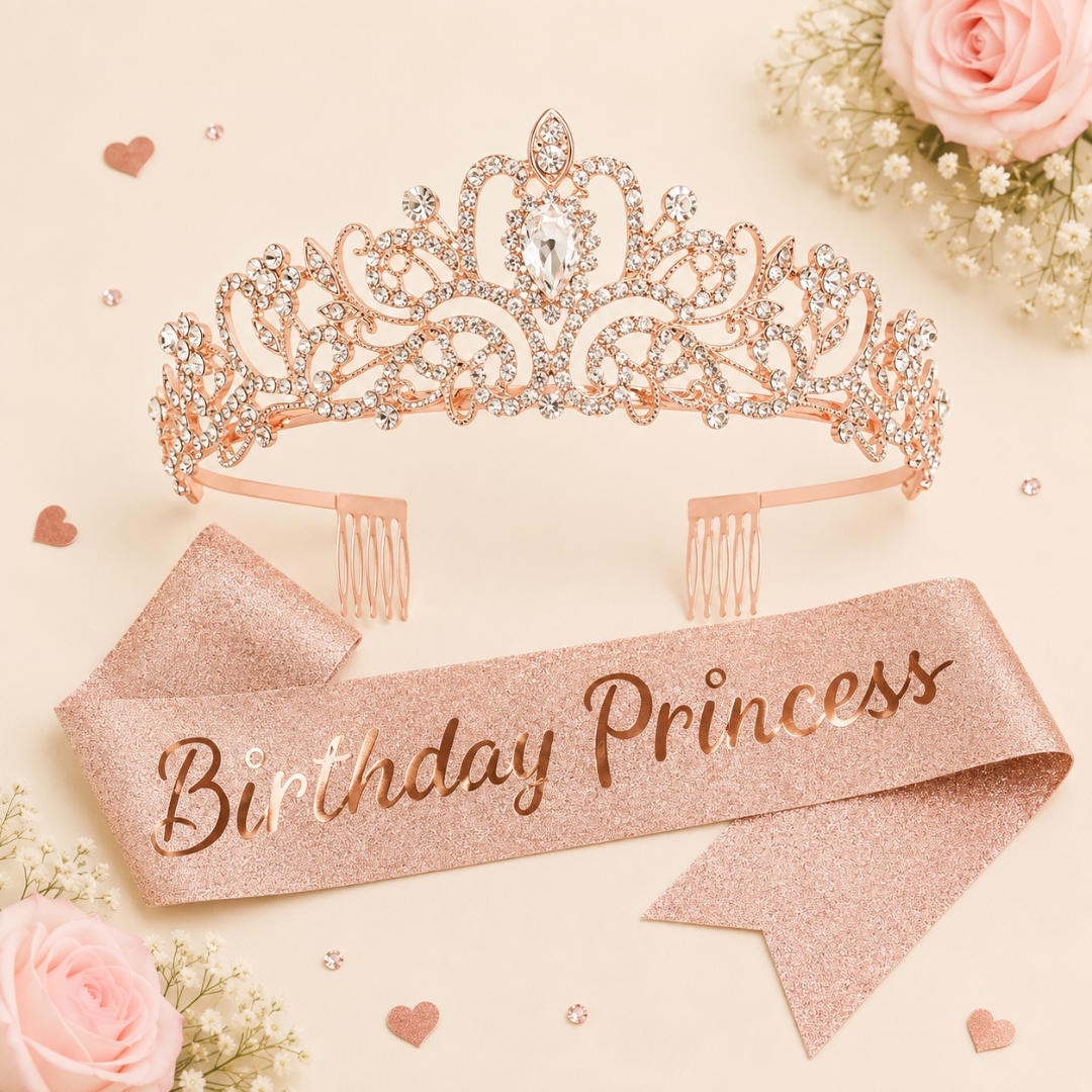 Rose Gold Birthday Princess Sash and Crown Set