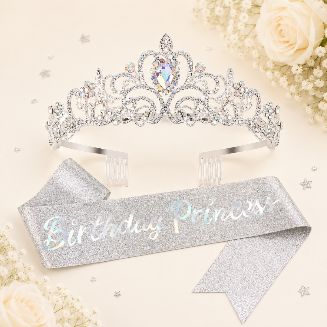 Silver Birthday Princess Sash and Crown Set