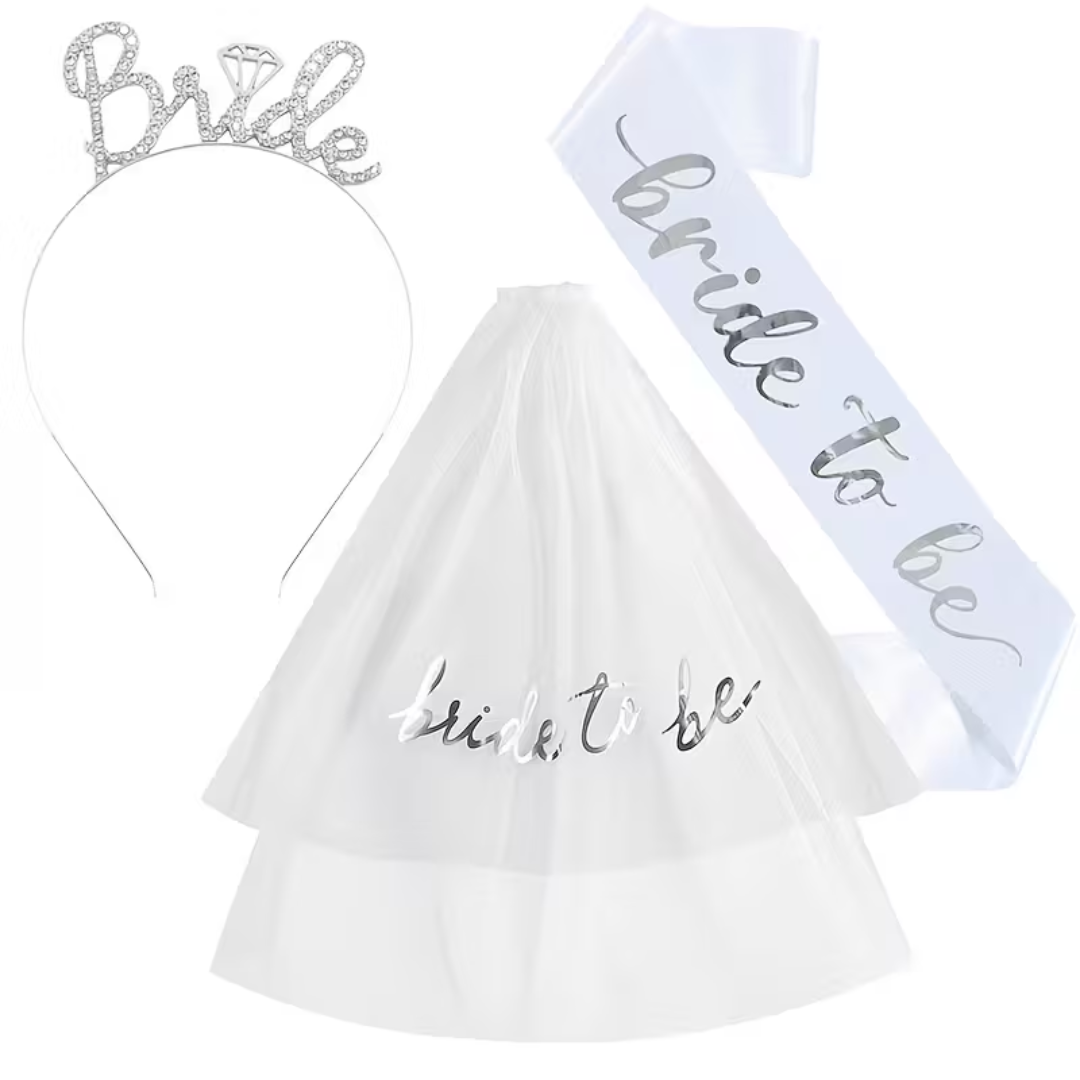 3pcs White and silver Bride to be Sash Bride Crown and Veil Set